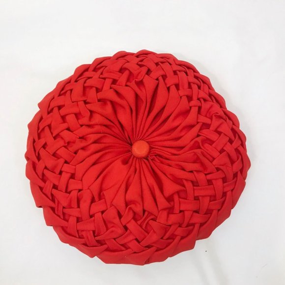 Vintage 50s Pillow Smocked Round Red Hollywood Regency MCM decor - Picture 2 of 5